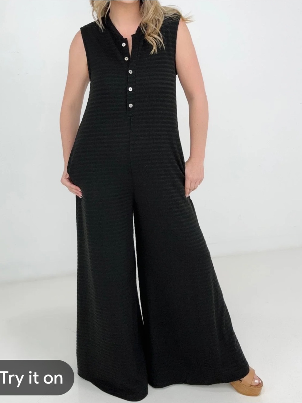 Jade By Jane Button Up Textured Wide Leg Jumpsuit Small